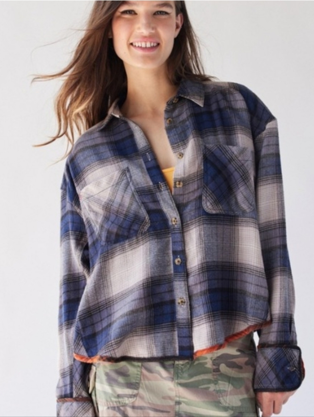 Urban Outfitters BDG Blue and Gray Plaid Button-Front Shirt_Med